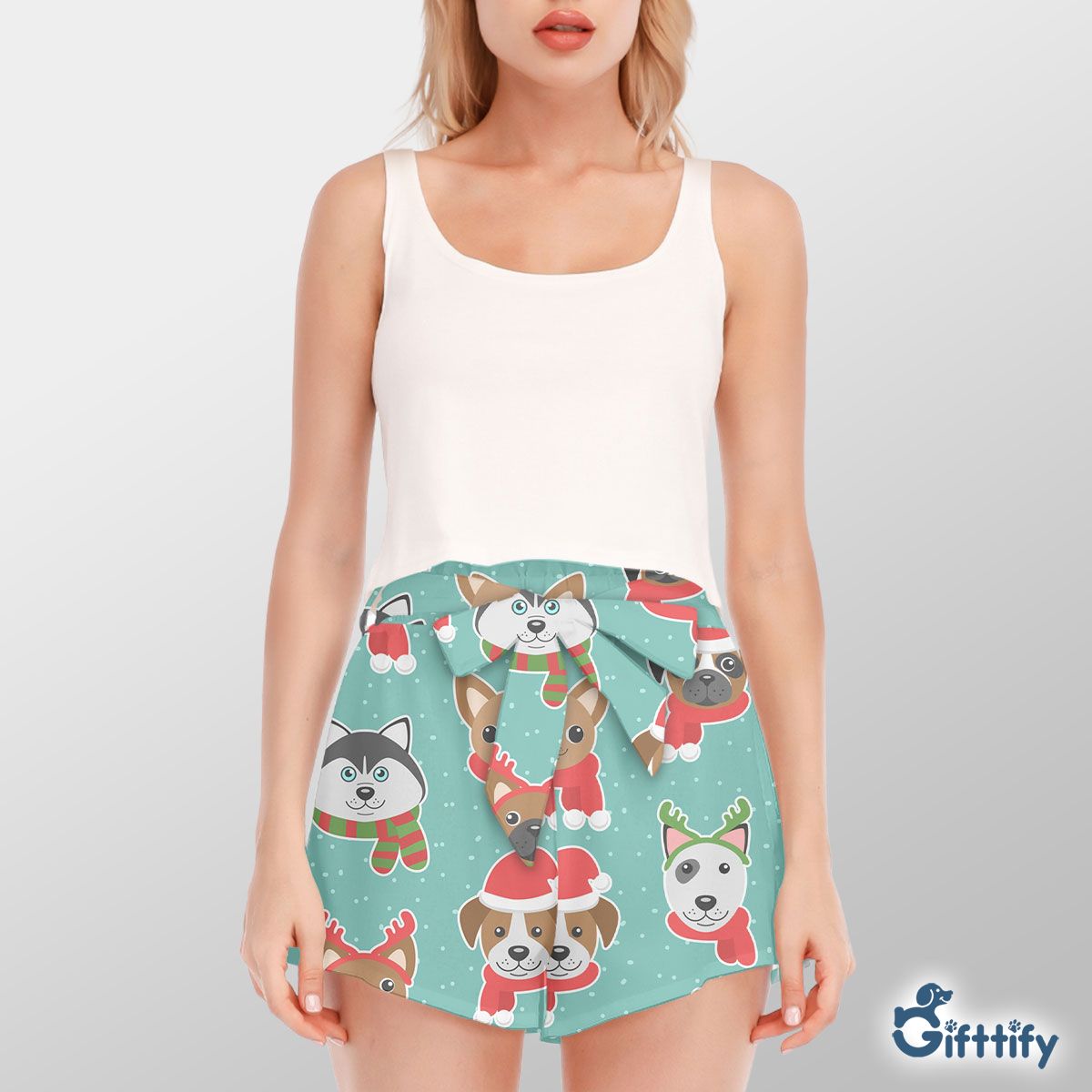 Cute Dog Christmas In Santa Clothing And Snow Waist Shorts