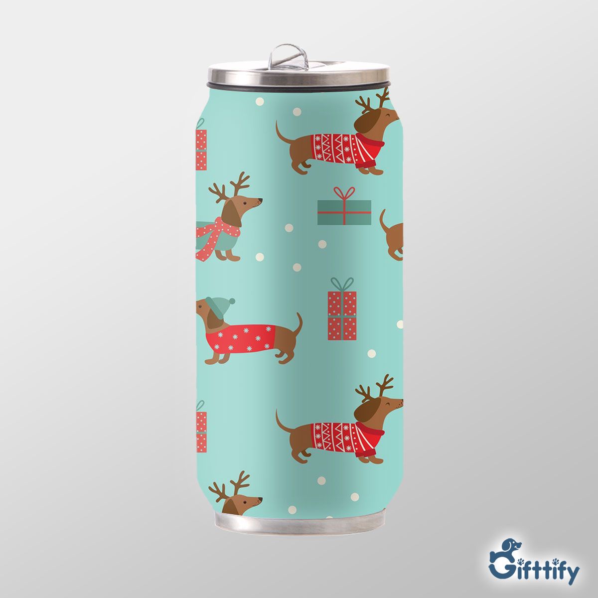 Funny Dachshund With Christmas Clothing And Santa Gifts Can Thermos Cup