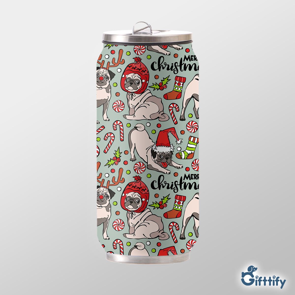 Funny Pug Chirtsmas With Candy Cane And Pine Tree Can Thermos Cup