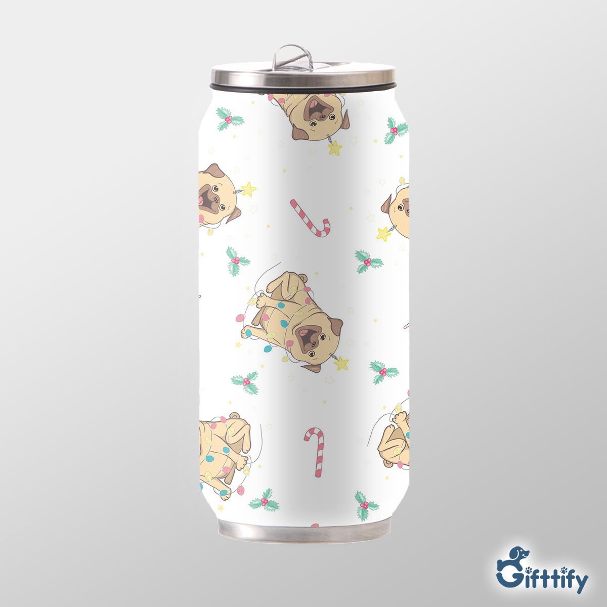 Funny Pug Christmas With Candy Cane And Pine Tree Can Thermos Cup