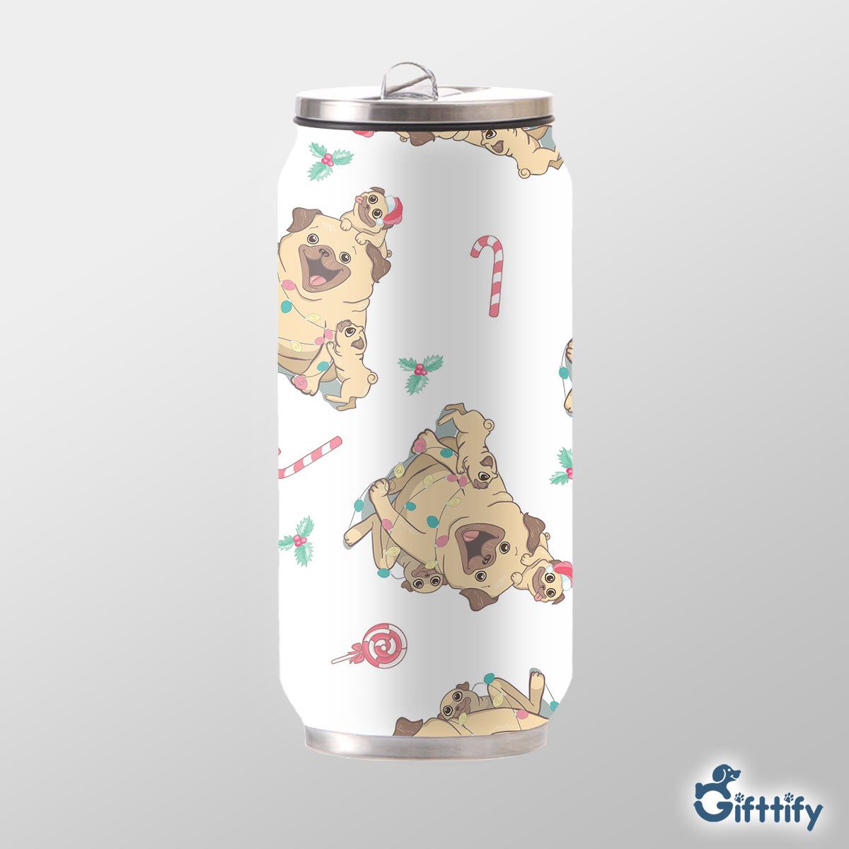 Funny Pug Christmas With Pine Tree And Candy Cane Can Thermos Cup