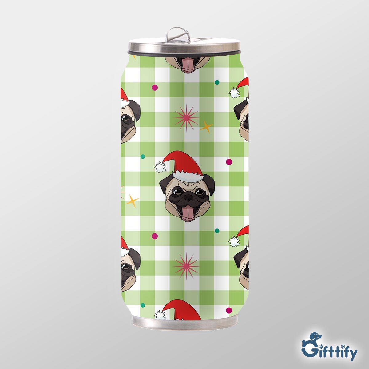 Funny Pug Christmas With Santa Hat And Tartan Background Can Thermos Cup