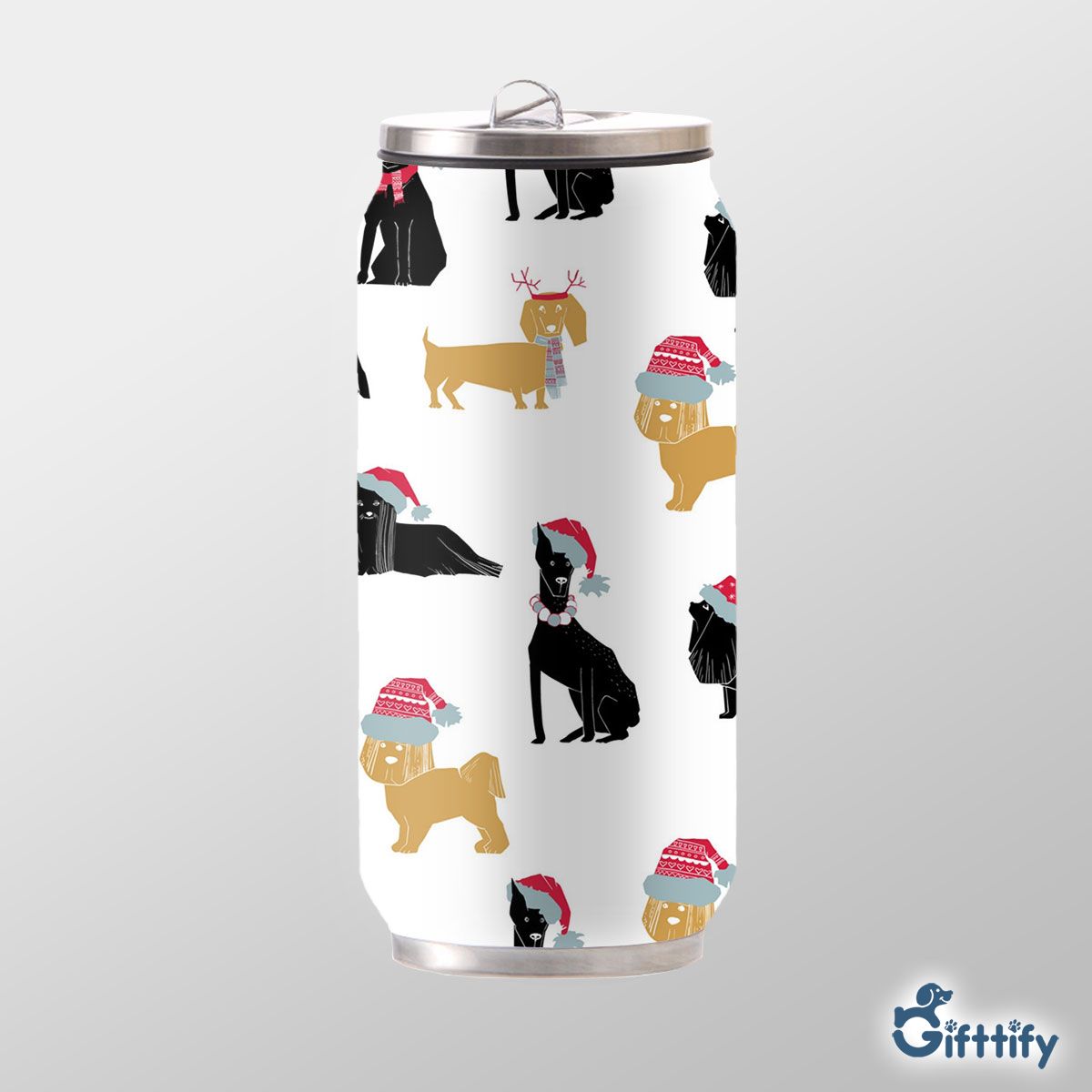 Yellow And Back Dogs Christmas With Santa Hat Can Thermos Cup