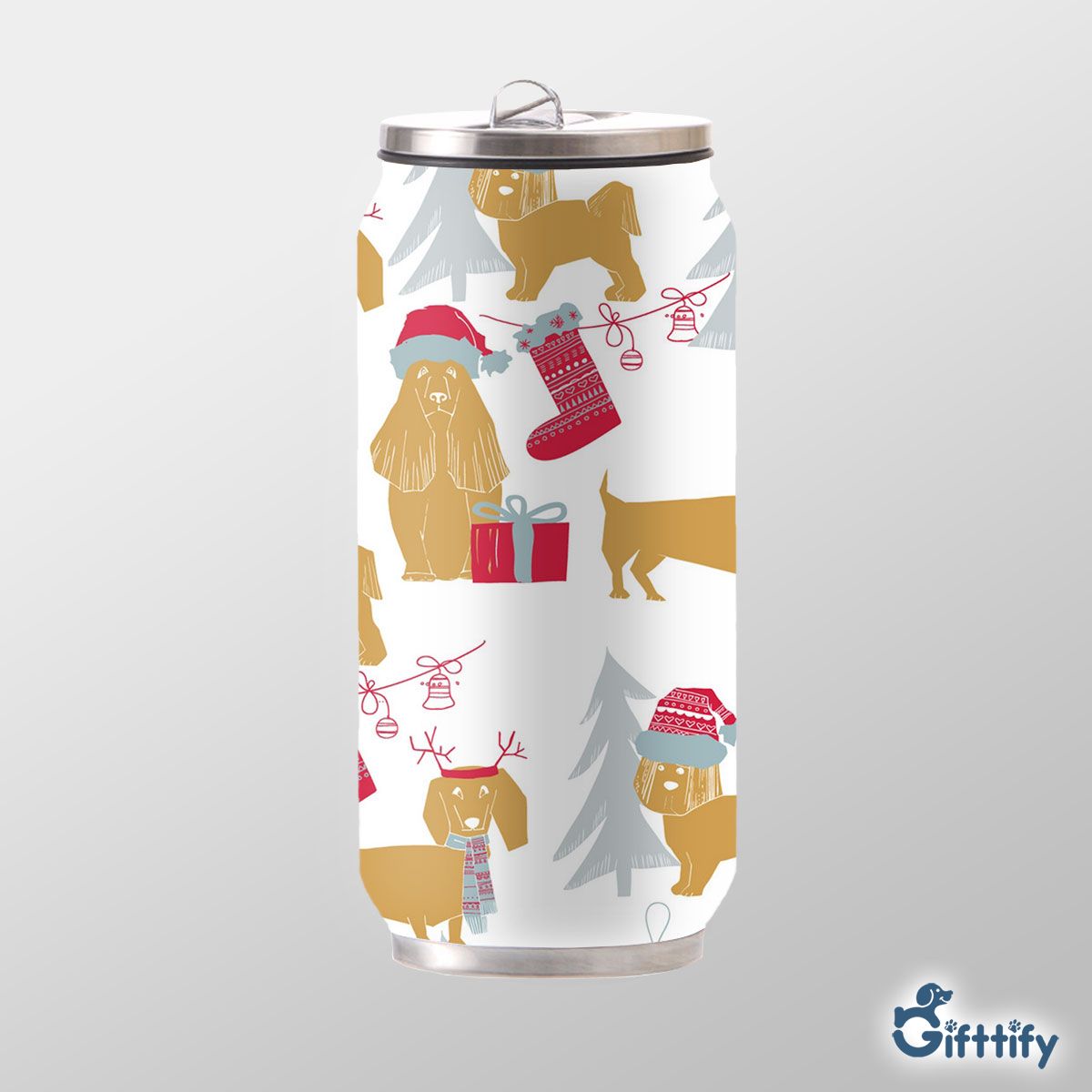 Yellow Dogs Chirtsmas With Pine Tree And Santa Gifts Can Thermos Cup