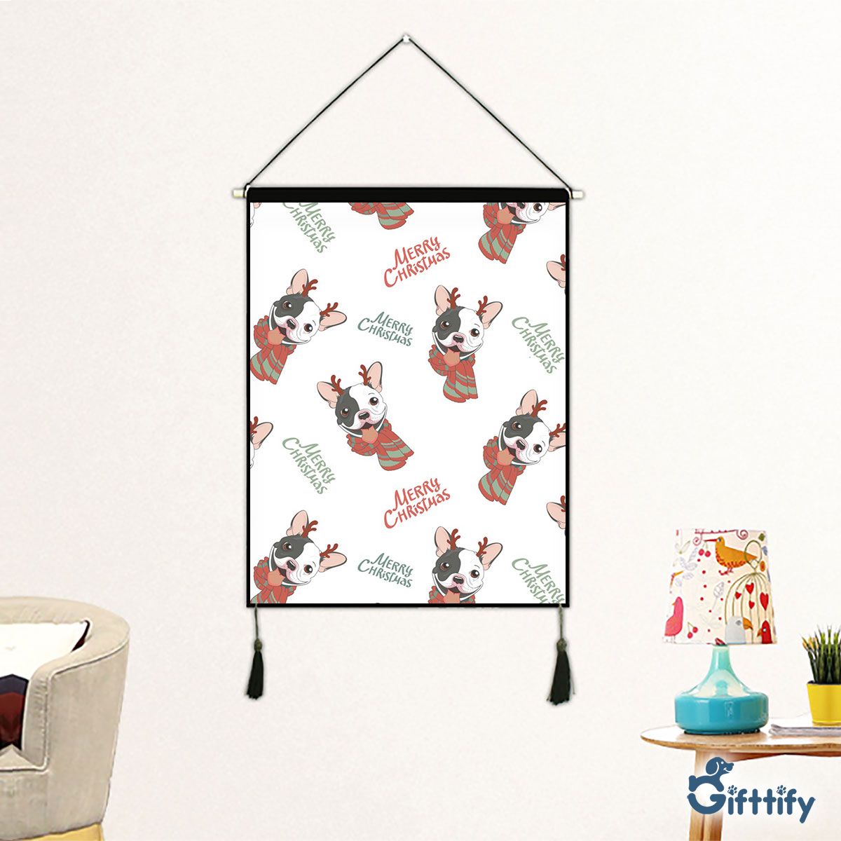 Cute Bull Dog Christmas With Santa Clothing Fabric Hanging Picture