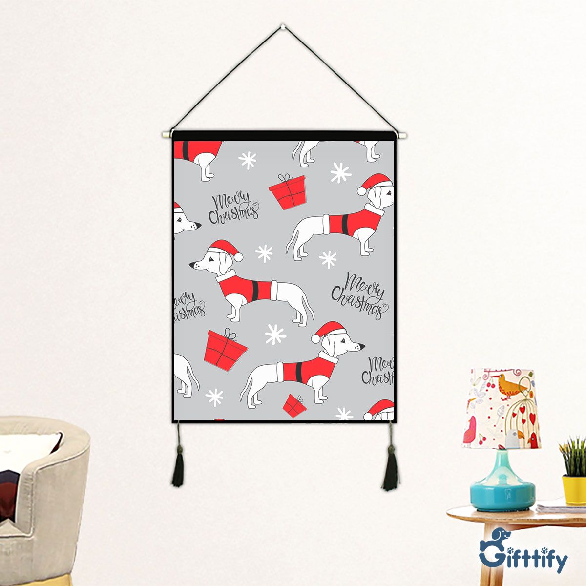 Cute Dachshund Christmas In Santa Clothing And Santa Gift Fabric Hanging Picture