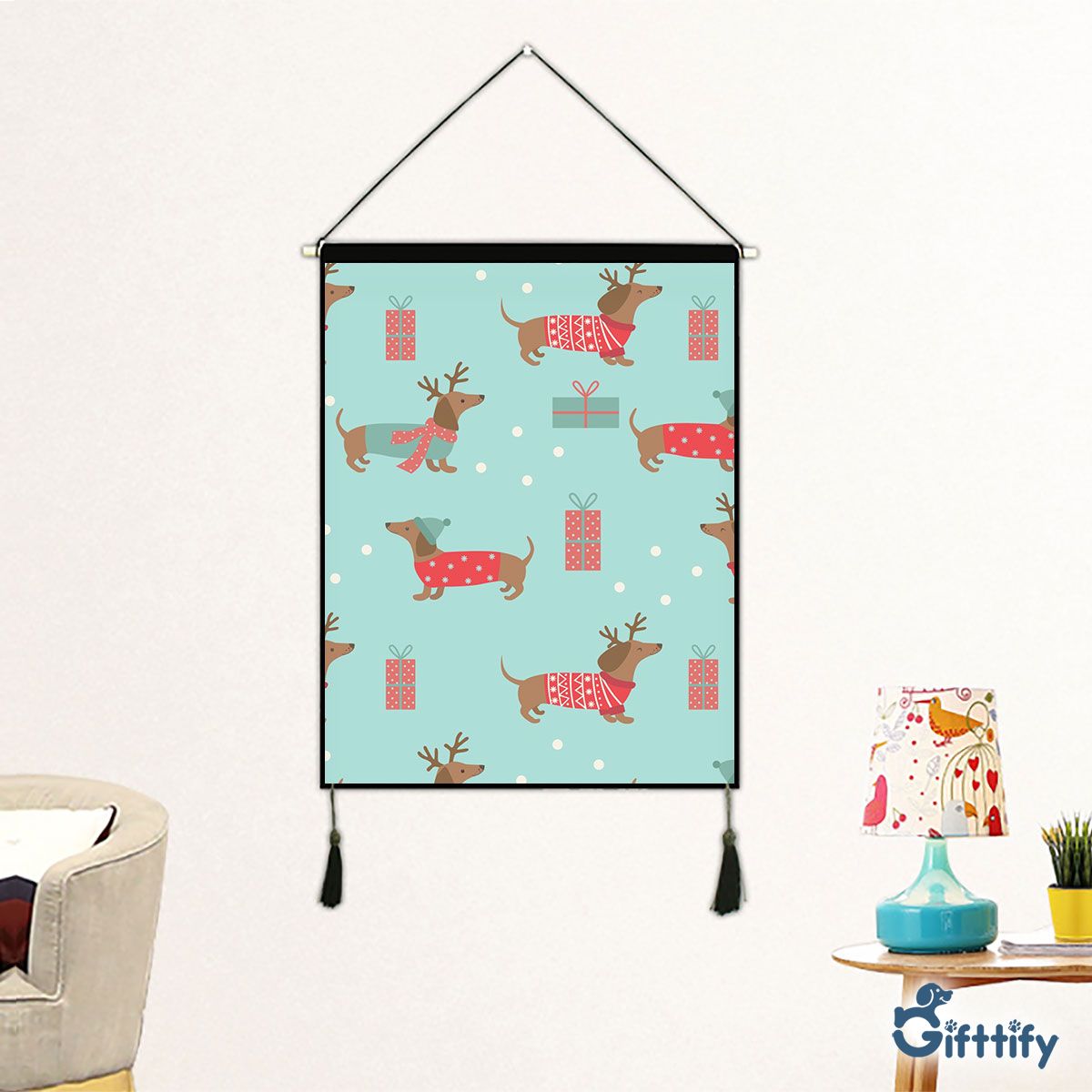 Funny Dachshund With Christmas Clothing And Santa Gifts Fabric Hanging Picture