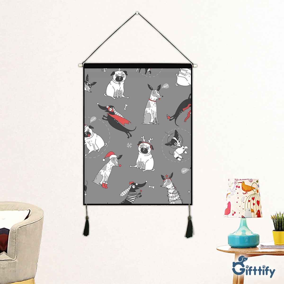 Funny Dogs With Christmas Clothing And Snow Fabric Hanging Picture