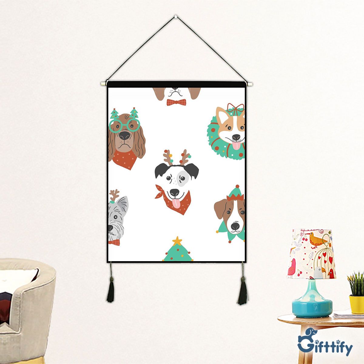 Funny Dogs With Christmas Clothing Seamless Pattern Fabric Hanging Picture