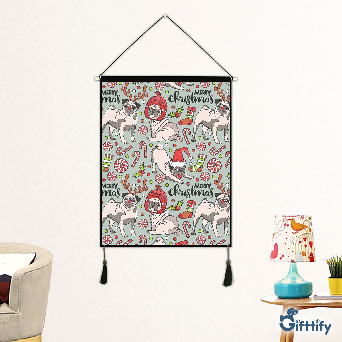 Funny Pug Chirtsmas With Candy Cane And Pine Tree Fabric Hanging Picture