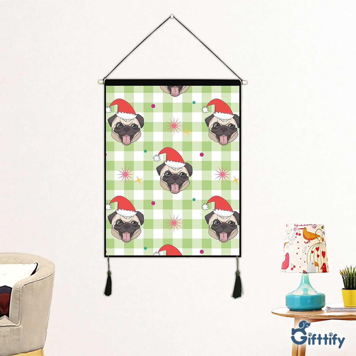 Funny Pug Christmas With Santa Hat And Tartan Background Fabric Hanging Picture