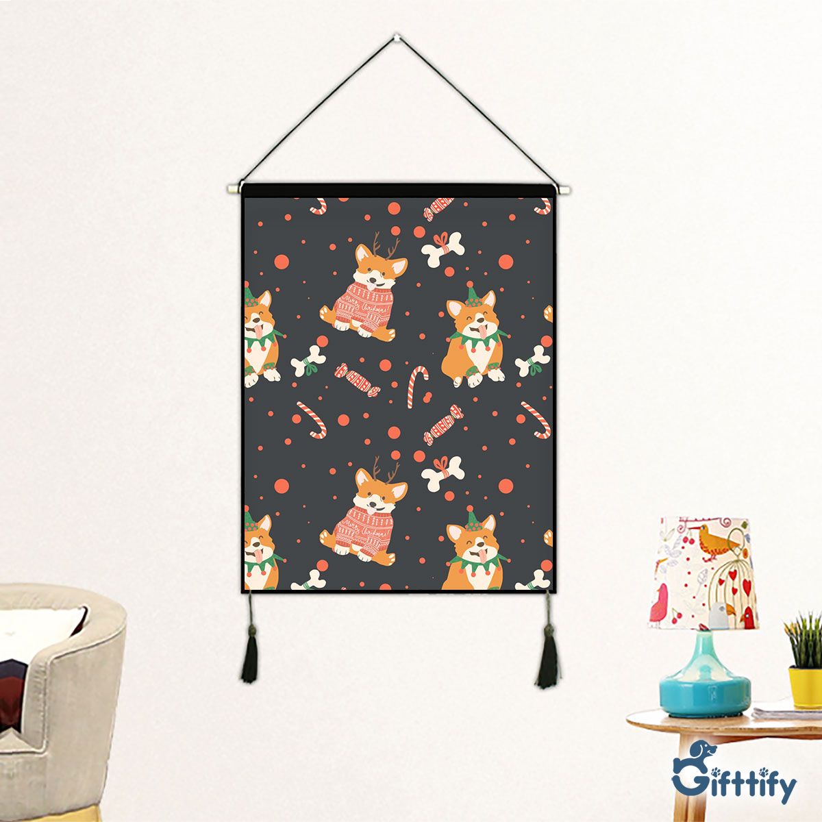 Lovely Corgi Christmas With Candy Cane And Bone Fabric Hanging Picture