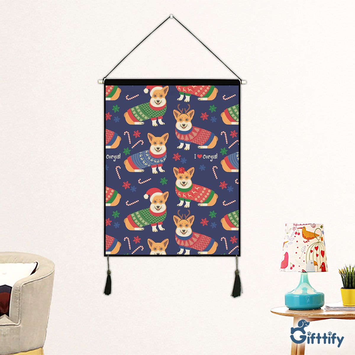 Lovely Corgi Christmas With Santa Hat And Candy Cane Fabric Hanging Picture