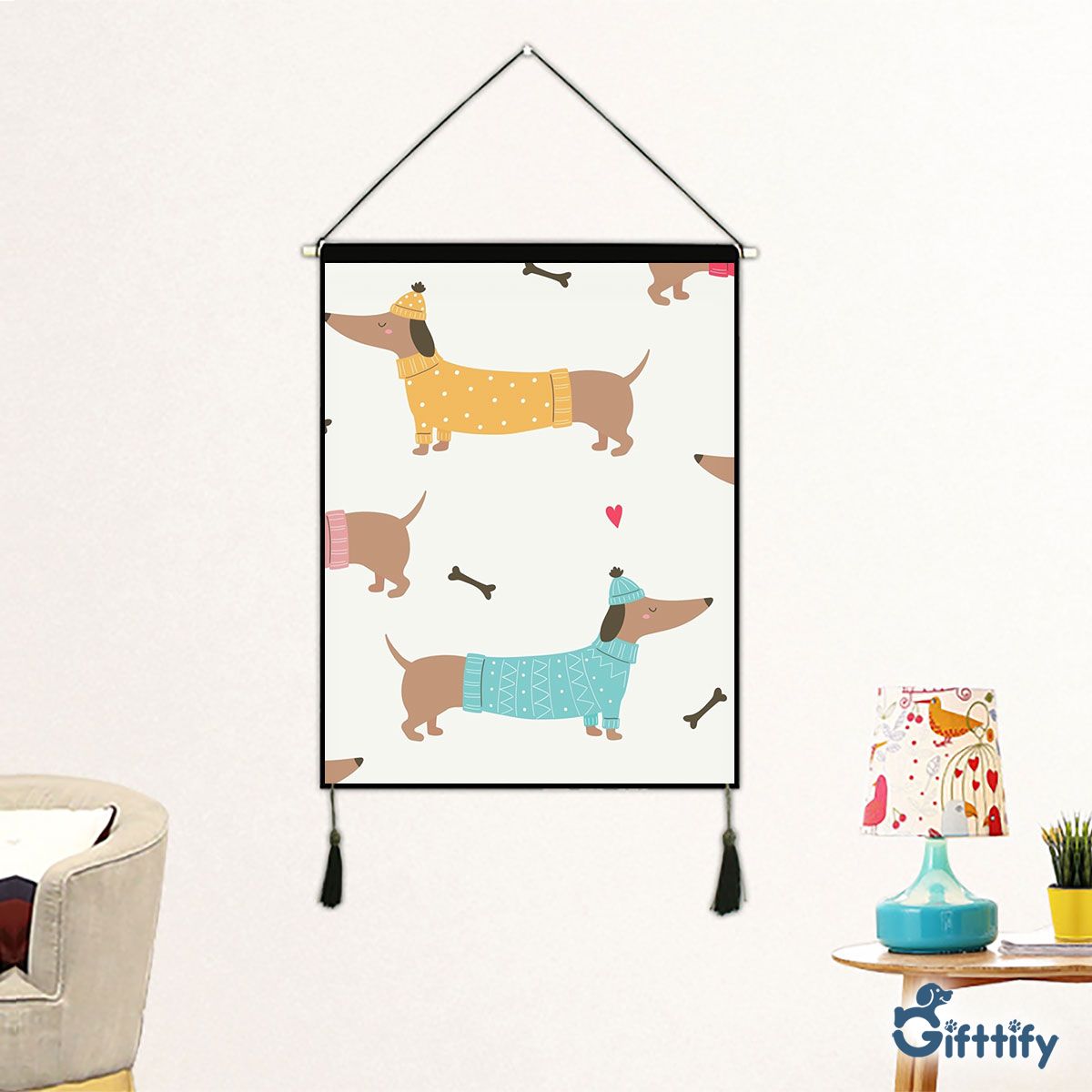 Lovely Dachshund Christmas With Bone And Heart Fabric Hanging Picture