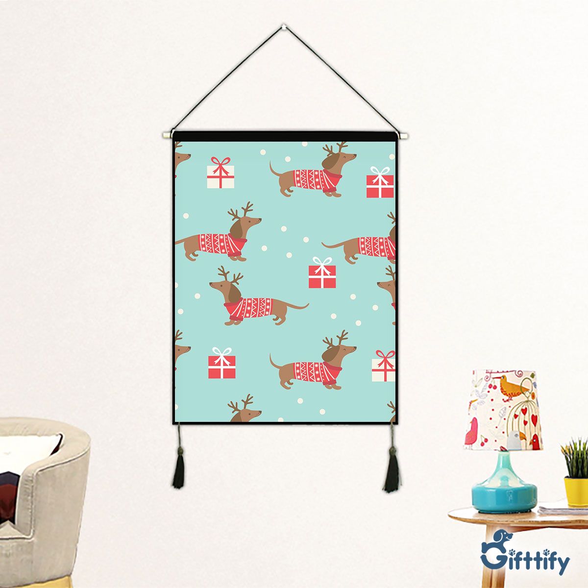 Lovely Dachshund Christmas With Santa Gift And Snow Fabric Hanging Picture