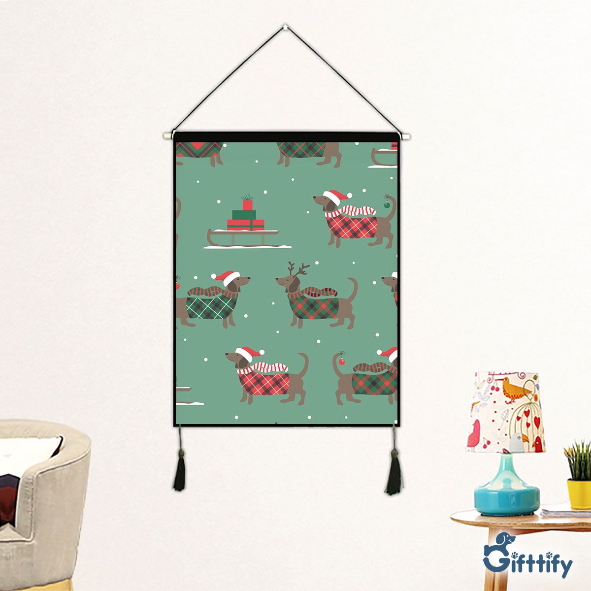 Lovely Dachshund Christmas With Santa Hat And Gifts Fabric Hanging Picture