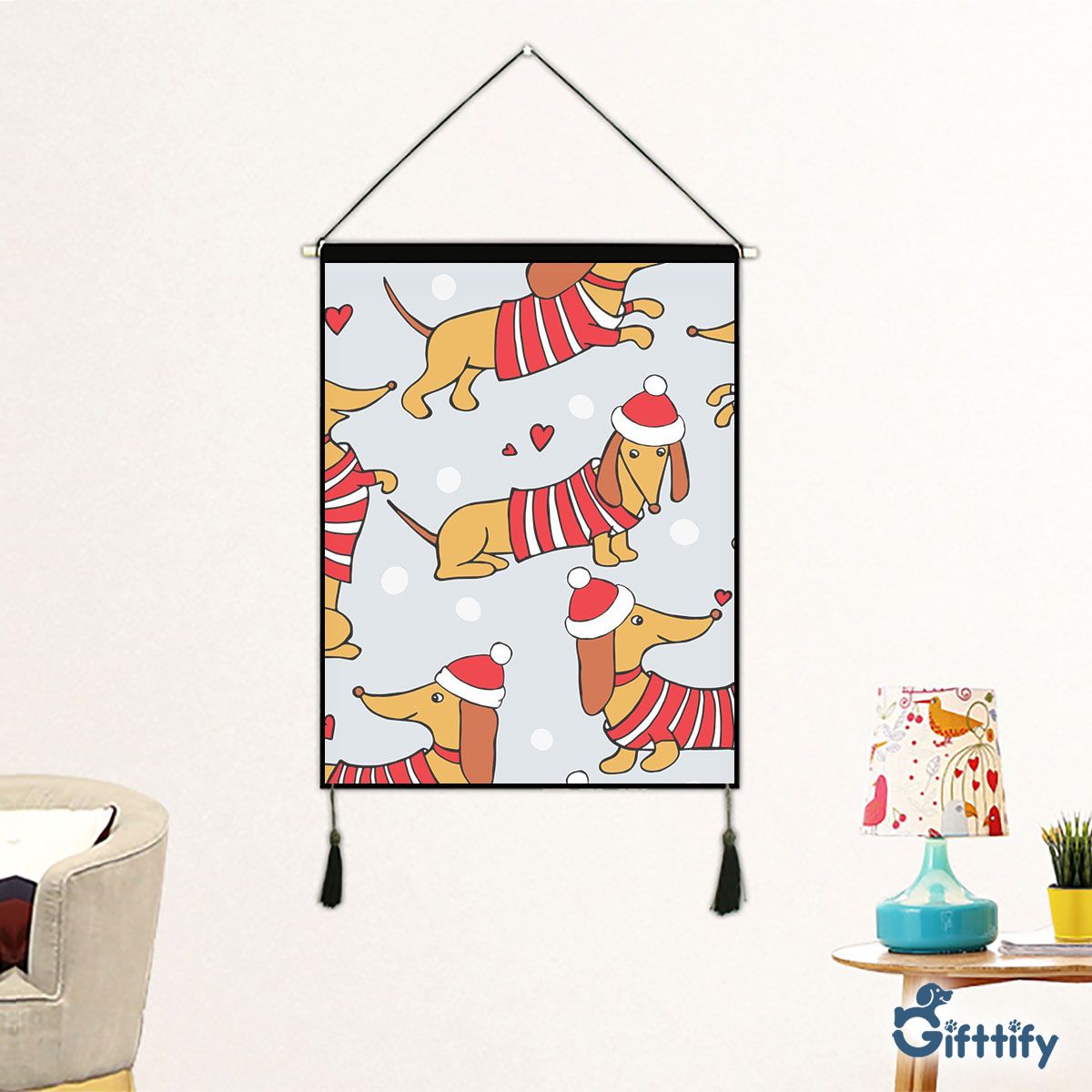 Lovely Dachshund Christmas With Santa Hat And Snow Fabric Hanging Picture