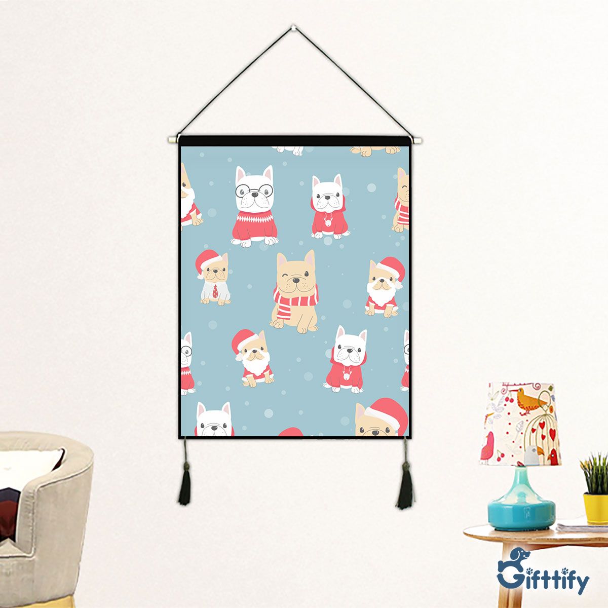 Lovely Pug Christmas With Santa Hat And Snow Fabric Hanging Picture