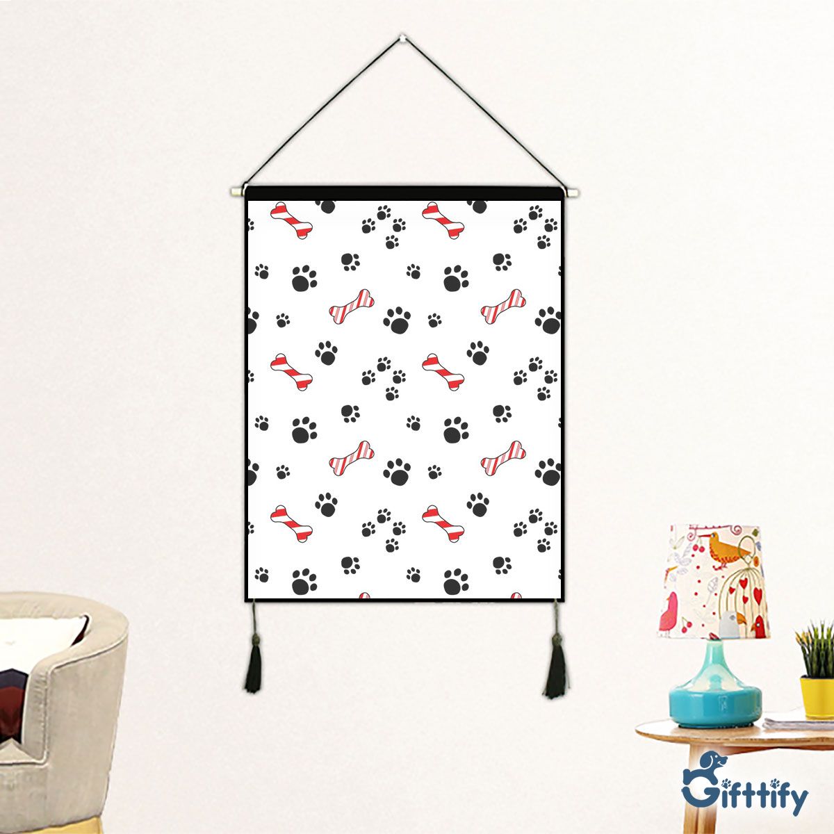 Merry Christmas With Bone And Dog Paw Fabric Hanging Picture