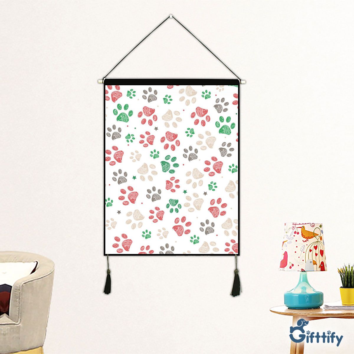 Merry Christmas With Full Colors Dog Paw Fabric Hanging Picture