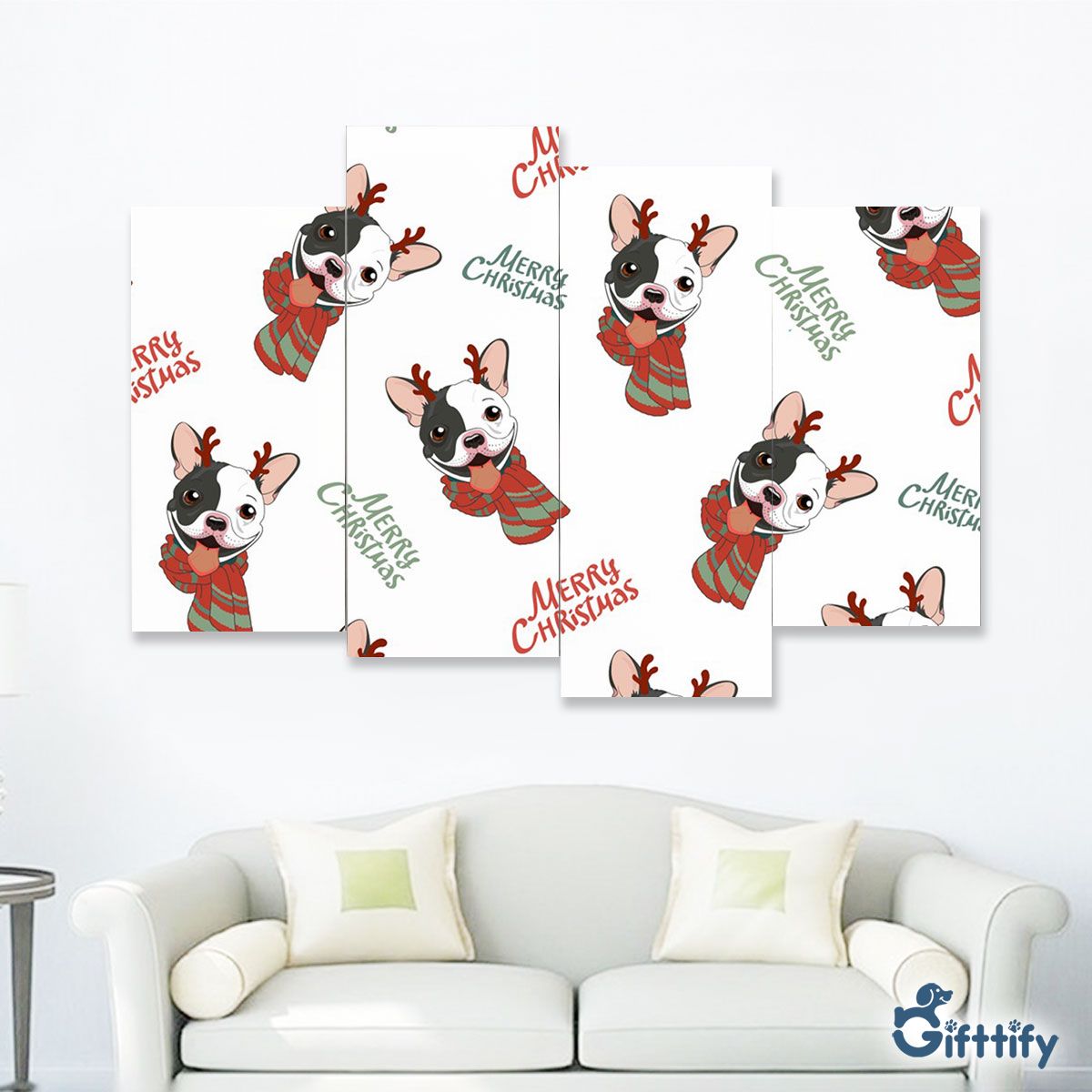 Cute Bull Dog Christmas With Santa Clothing Four-Piece Framed Mural