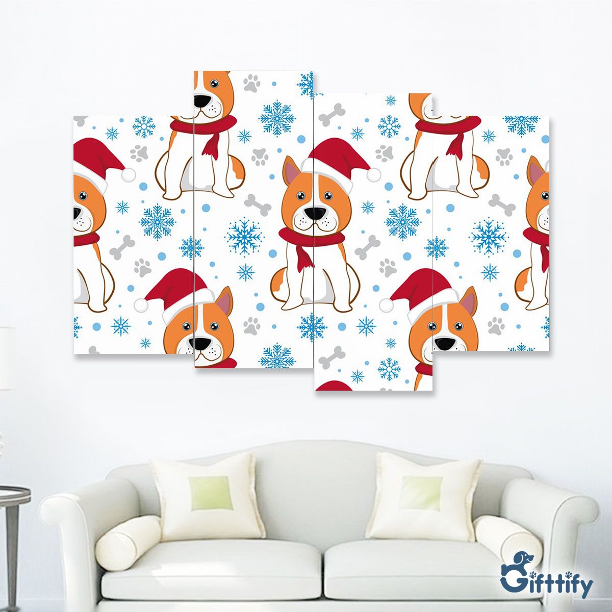 Cute Corgi Christmas In Santa Clothing And Snow Four-Piece Framed Mural