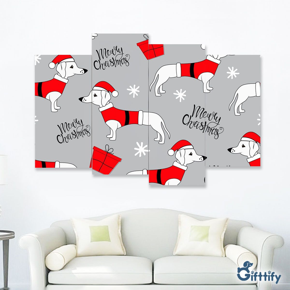 Cute Dachshund Christmas In Santa Clothing And Santa Gift Four-Piece Framed Mural