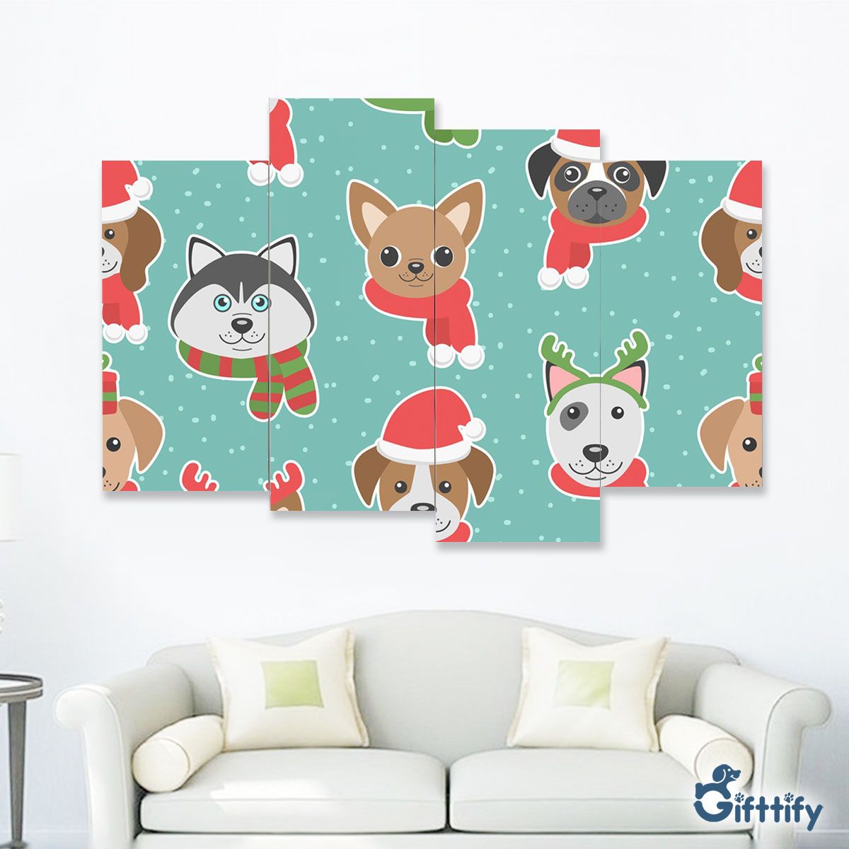 Cute Dog Christmas In Santa Clothing And Snow Four-Piece Framed Mural