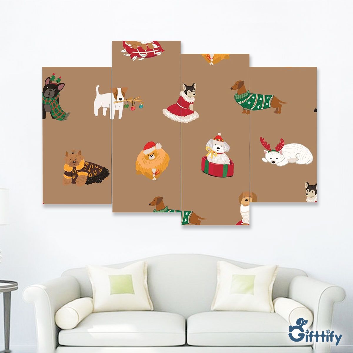 Cute Dog In Christmas Clothing Four-Piece Framed Mural