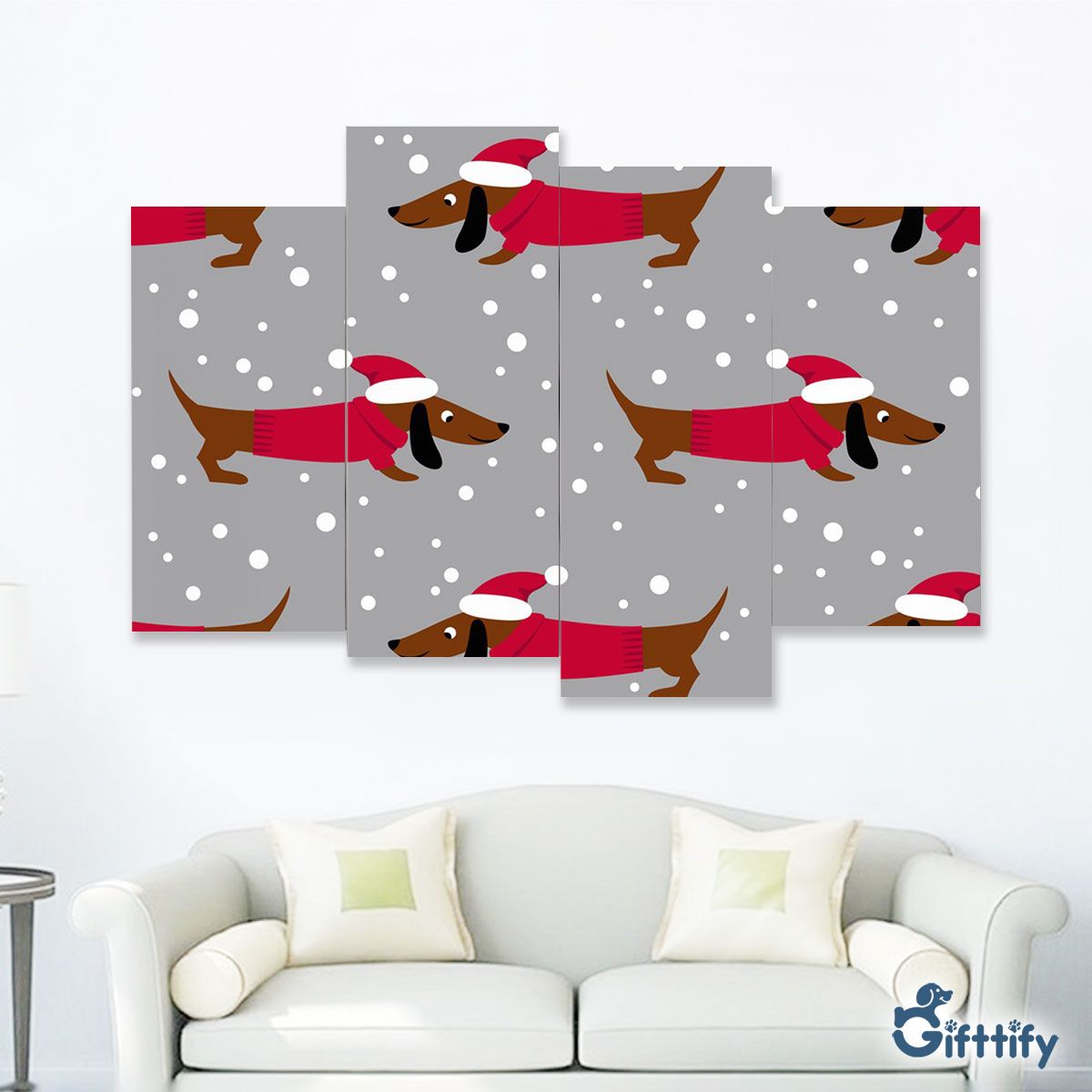 Dachshund Christmas In Santa Clothing With Snow Four-Piece Framed Mural