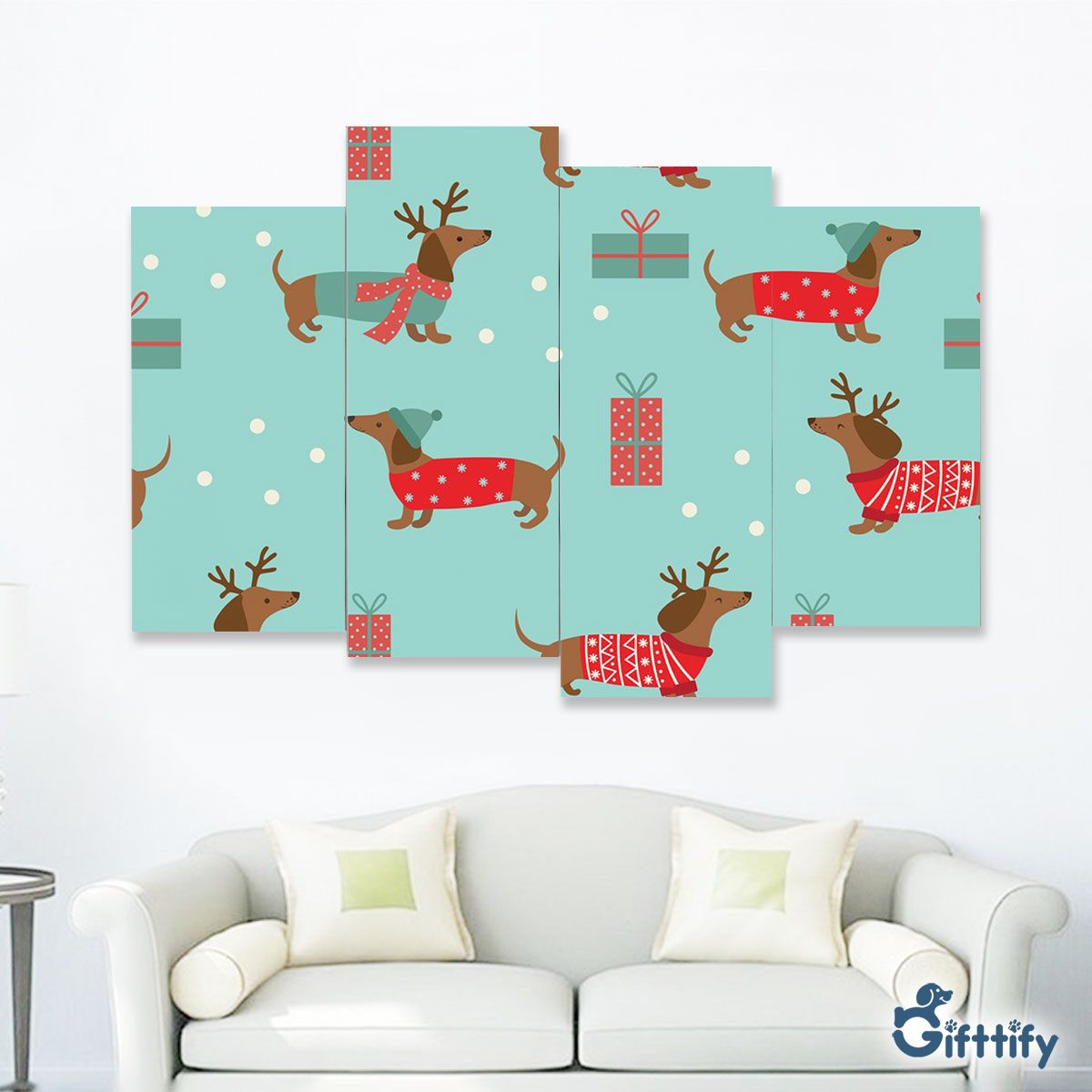 Funny Dachshund With Christmas Clothing And Santa Gifts Four-Piece Framed Mural