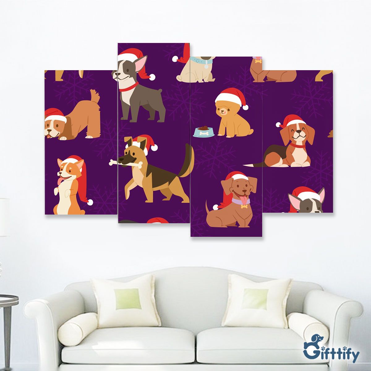 Funny Dogs Christmas With Santa Hat And Snow Four-Piece Framed Mural