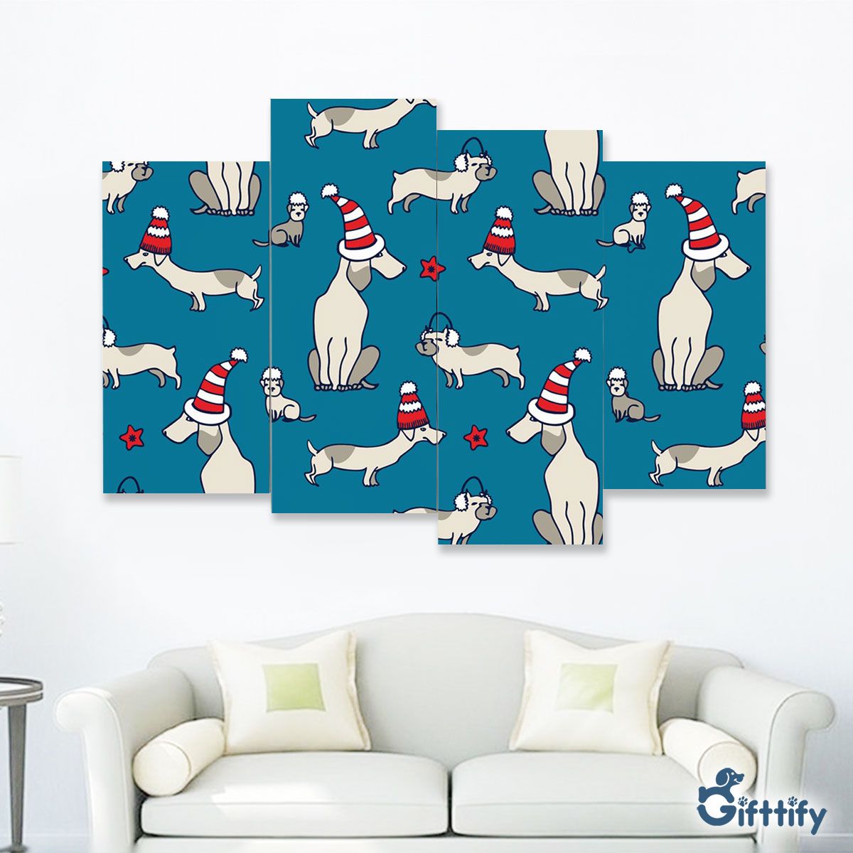 Funny Dogs Christmas With Santa Hat And Star Four-Piece Framed Mural