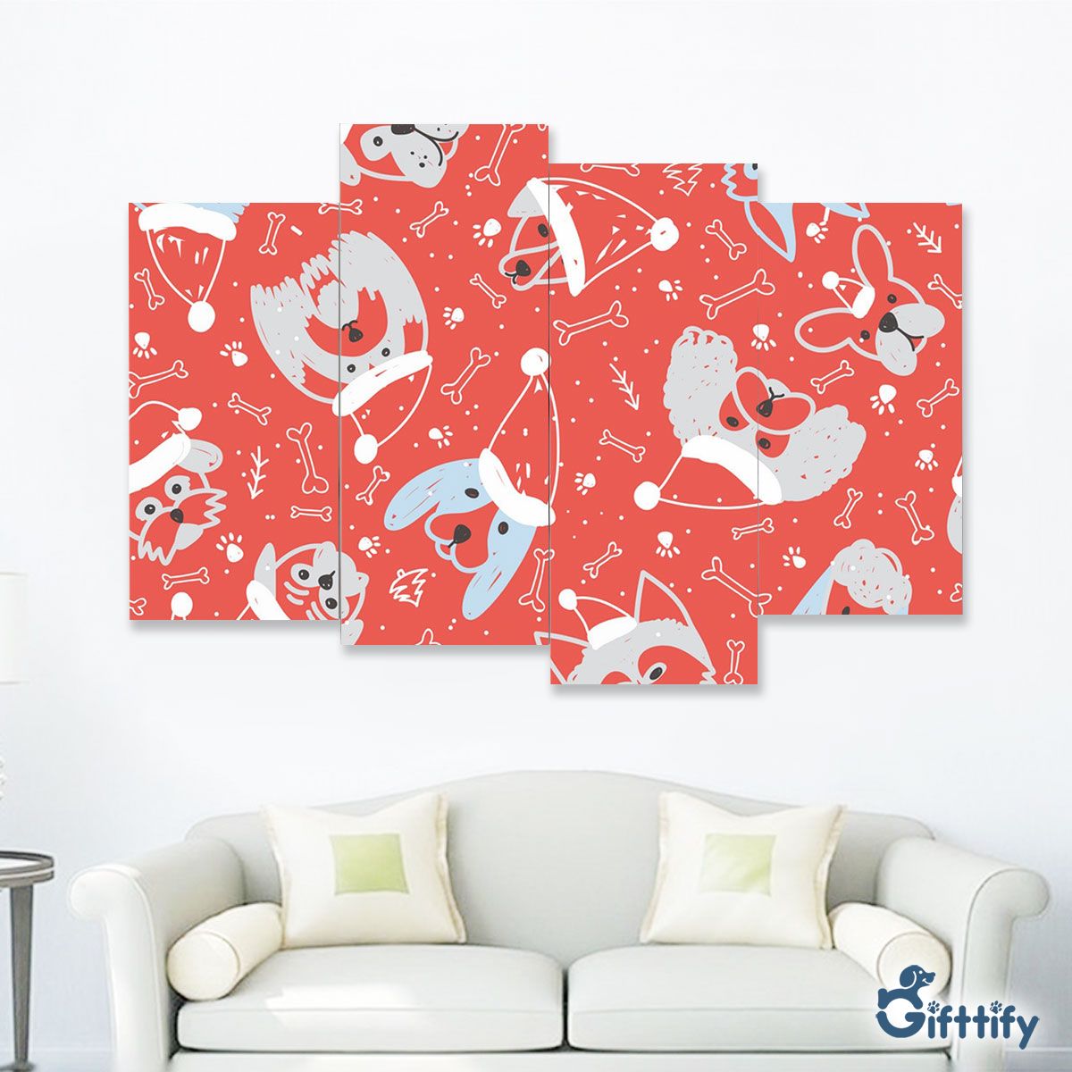 Funny Dogs Christmas With Santa Hat In Red Backgound Four-Piece Framed Mural