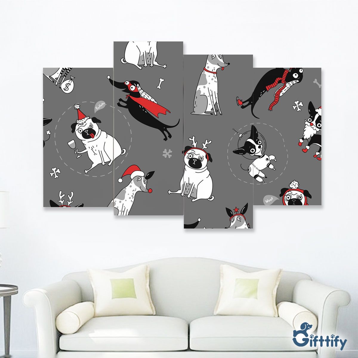 Funny Dogs With Christmas Clothing And Snow Four-Piece Framed Mural