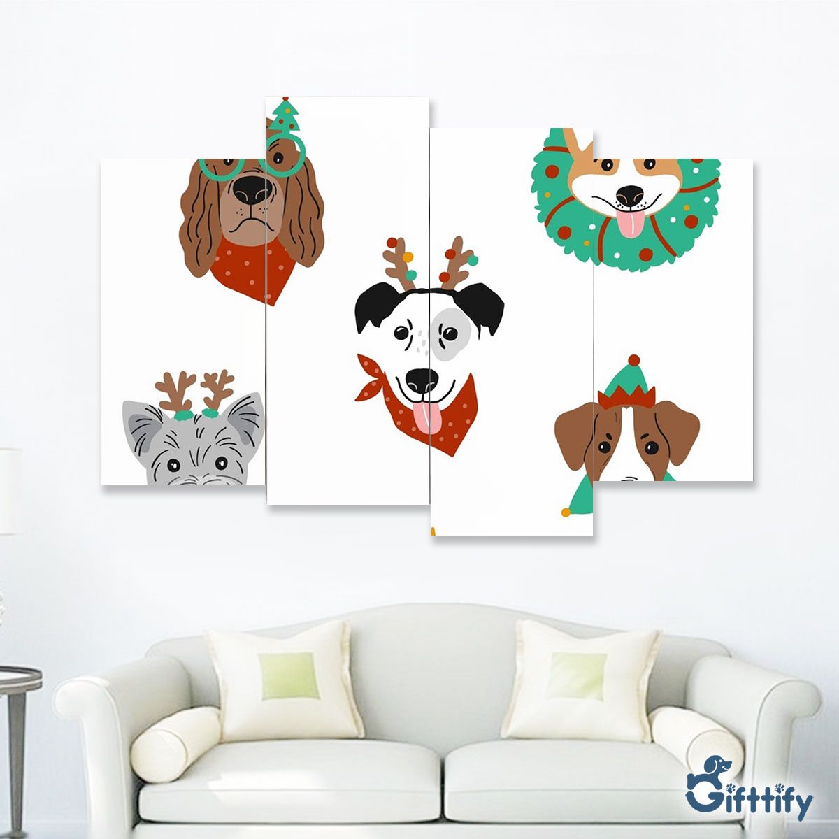 Funny Dogs With Christmas Clothing Seamless Pattern Four-Piece Framed Mural