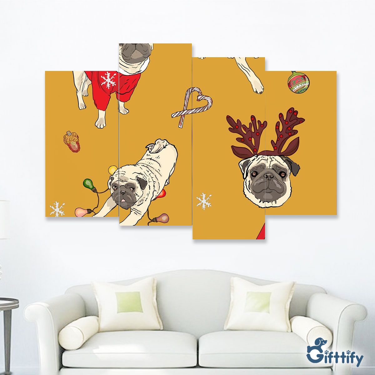 Funny Pug Christmas With Candy Cane And Santa Gift Four-Piece Framed Mural