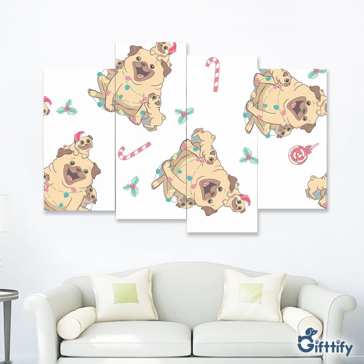 Funny Pug Christmas With Pine Tree And Candy Cane Four-Piece Framed Mural