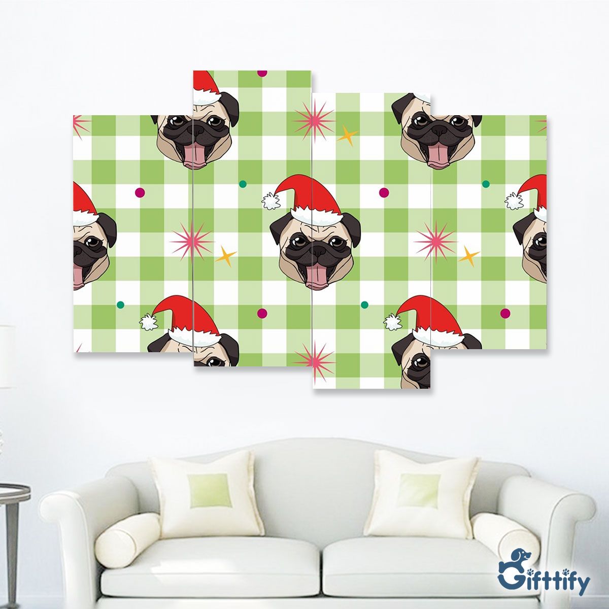 Funny Pug Christmas With Santa Hat And Tartan Background Four-Piece Framed Mural