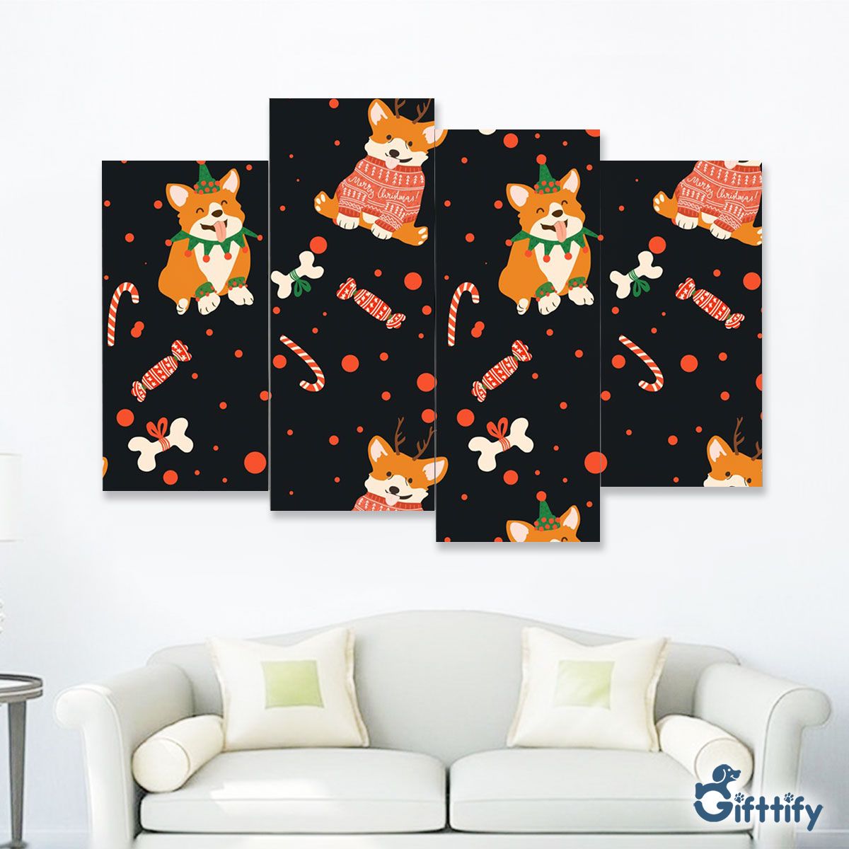 Lovely Corgi Christmas With Candy Cane And Bone Four-Piece Framed Mural