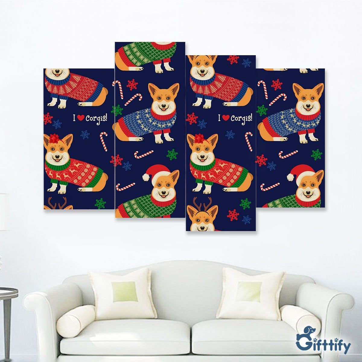 Lovely Corgi Christmas With Santa Hat And Candy Cane Four-Piece Framed Mural