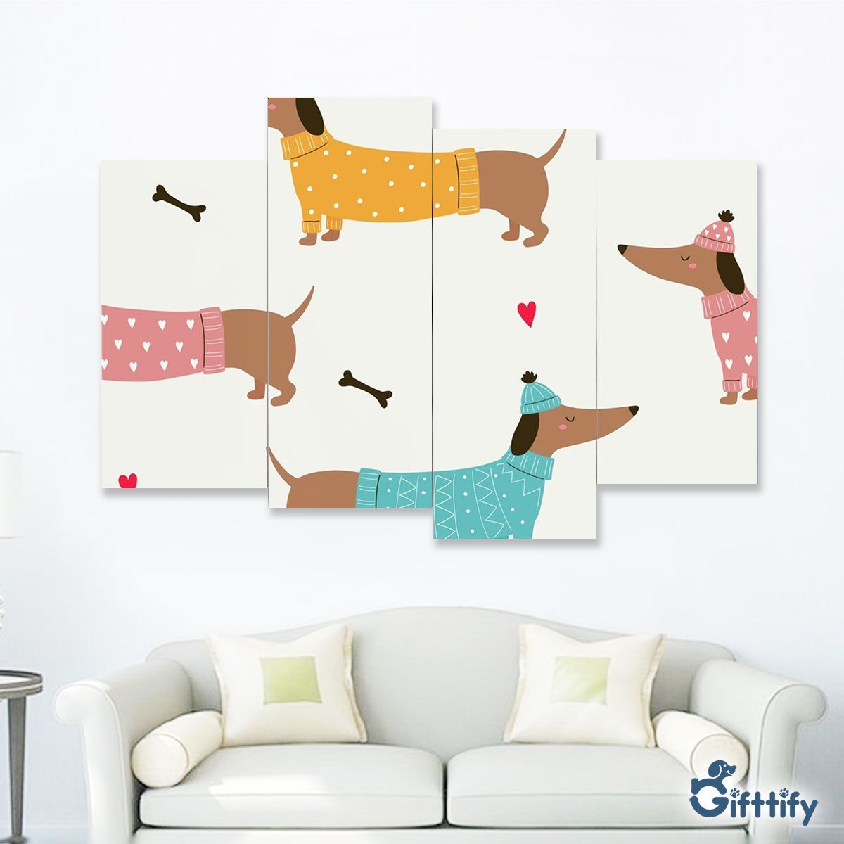 Lovely Dachshund Christmas With Bone And Heart Four-Piece Framed Mural