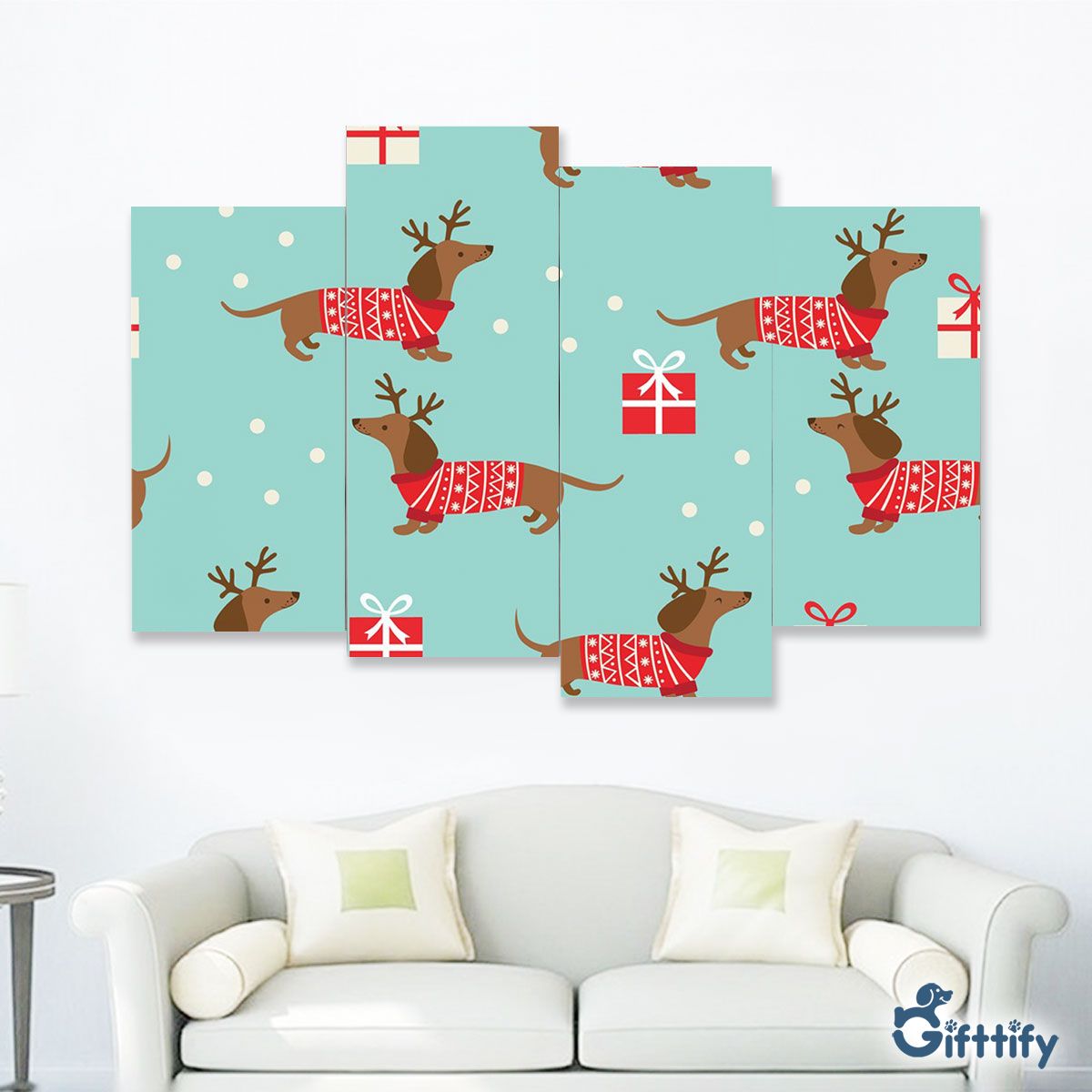 Lovely Dachshund Christmas With Santa Gift And Snow Four-Piece Framed Mural