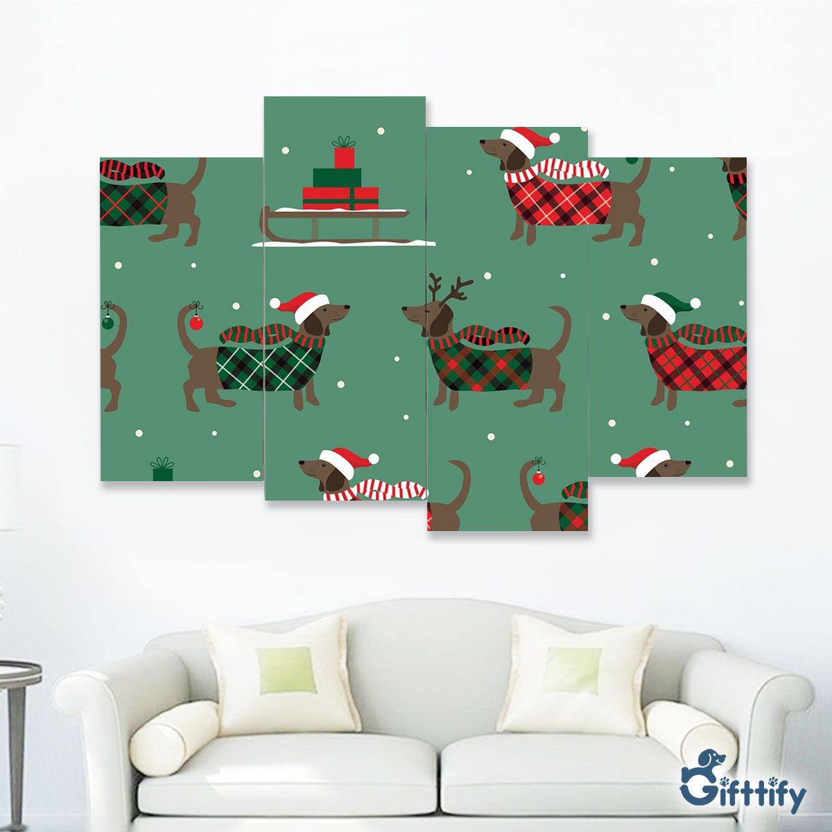 Lovely Dachshund Christmas With Santa Hat And Gifts Four-Piece Framed Mural