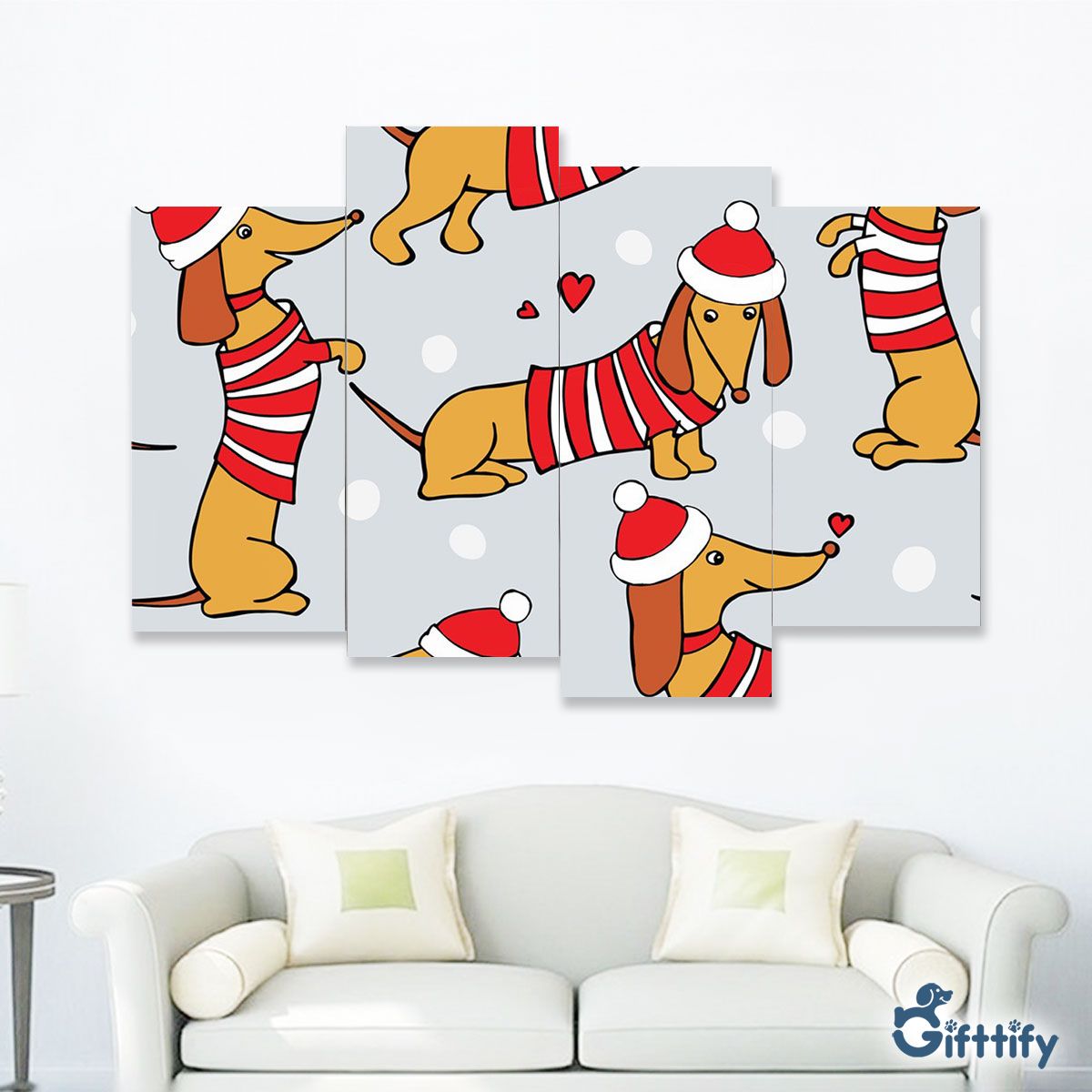 Lovely Dachshund Christmas With Santa Hat And Snow Four-Piece Framed Mural