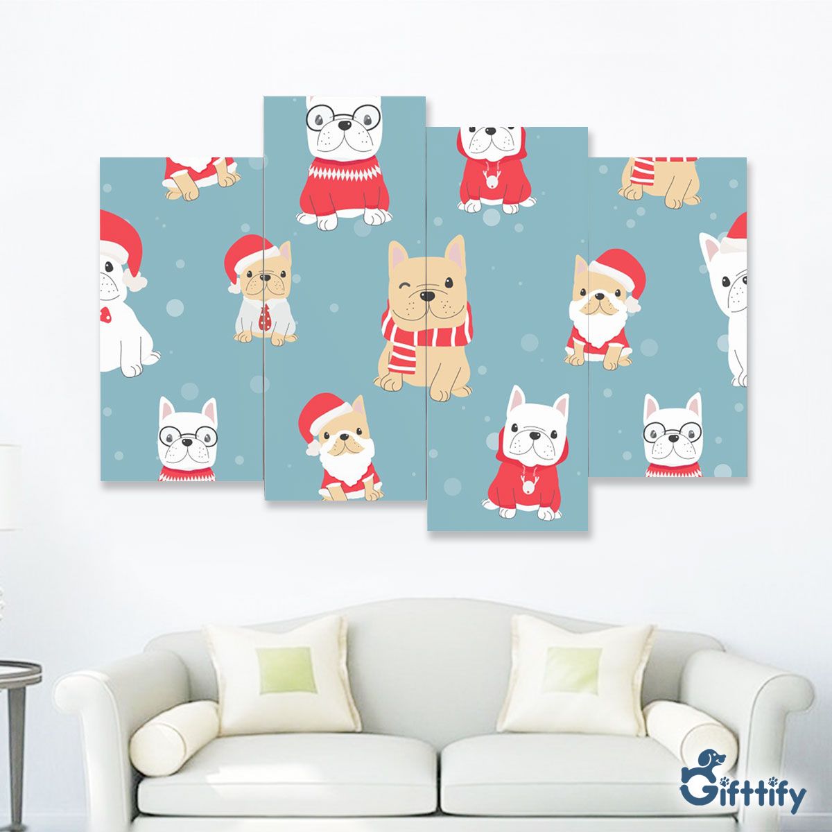 Lovely Pug Christmas With Santa Hat And Snow Four-Piece Framed Mural