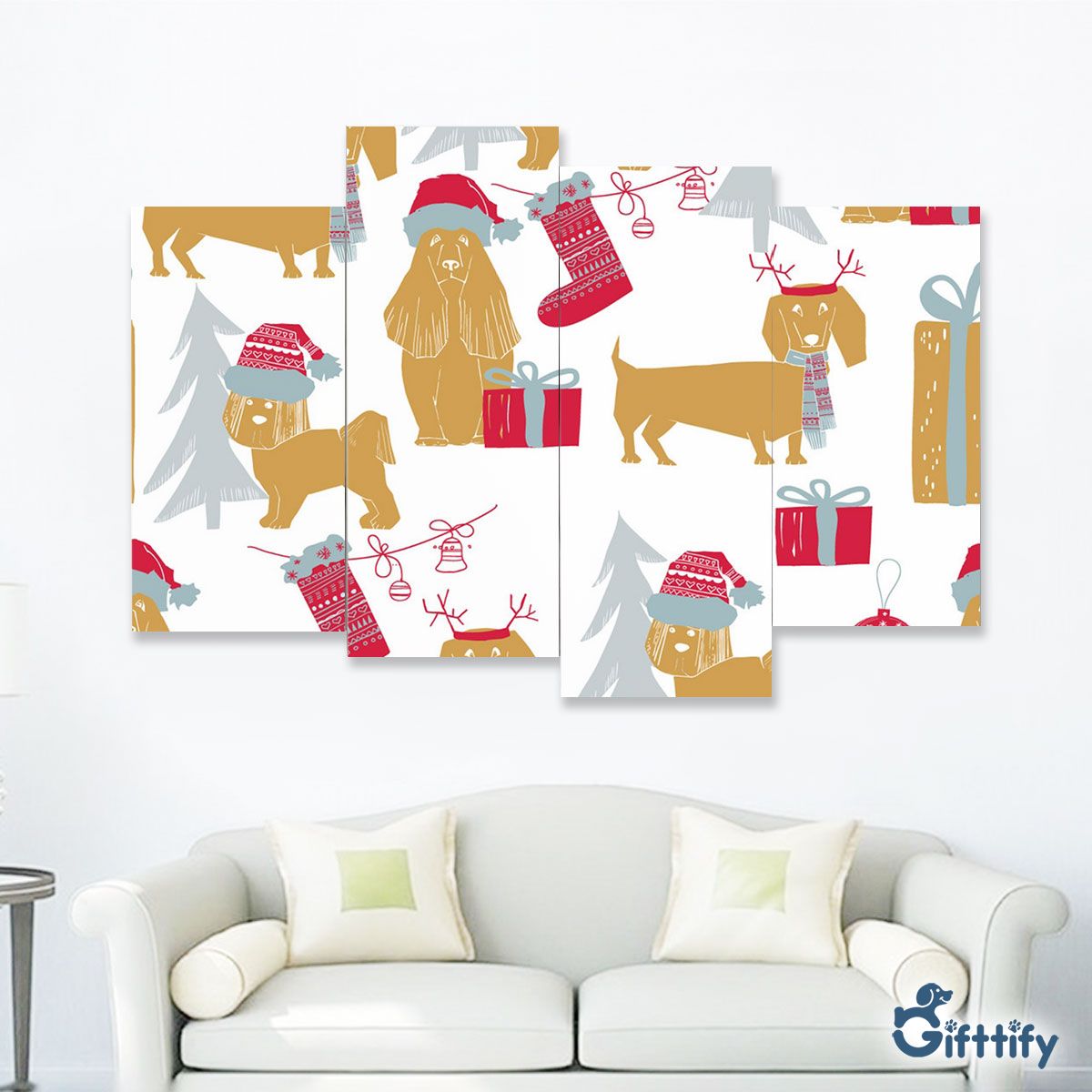 Yellow Dogs Chirtsmas With Pine Tree And Santa Gifts Four-Piece Framed Mural