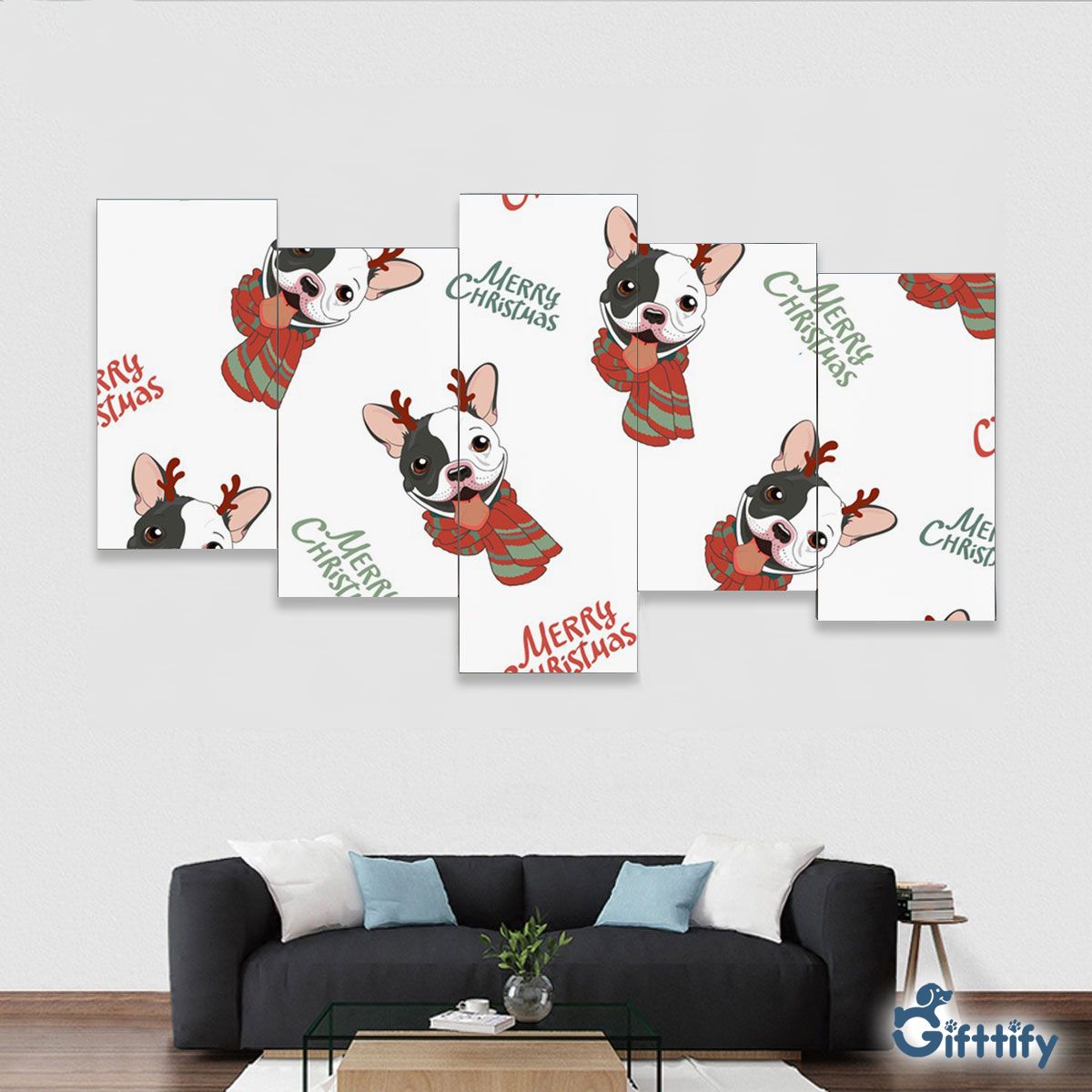 Cute Bull Dog Christmas With Santa Clothing Framed Five-Piece Mural