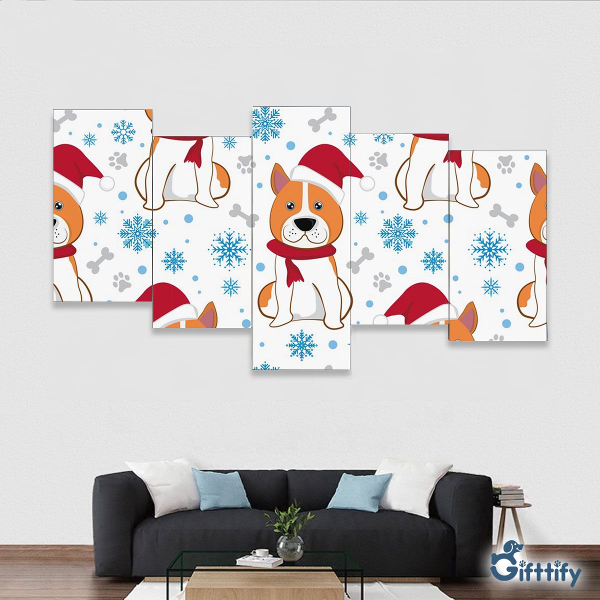 Cute Corgi Christmas In Santa Clothing And Snow Framed Five-Piece Mural