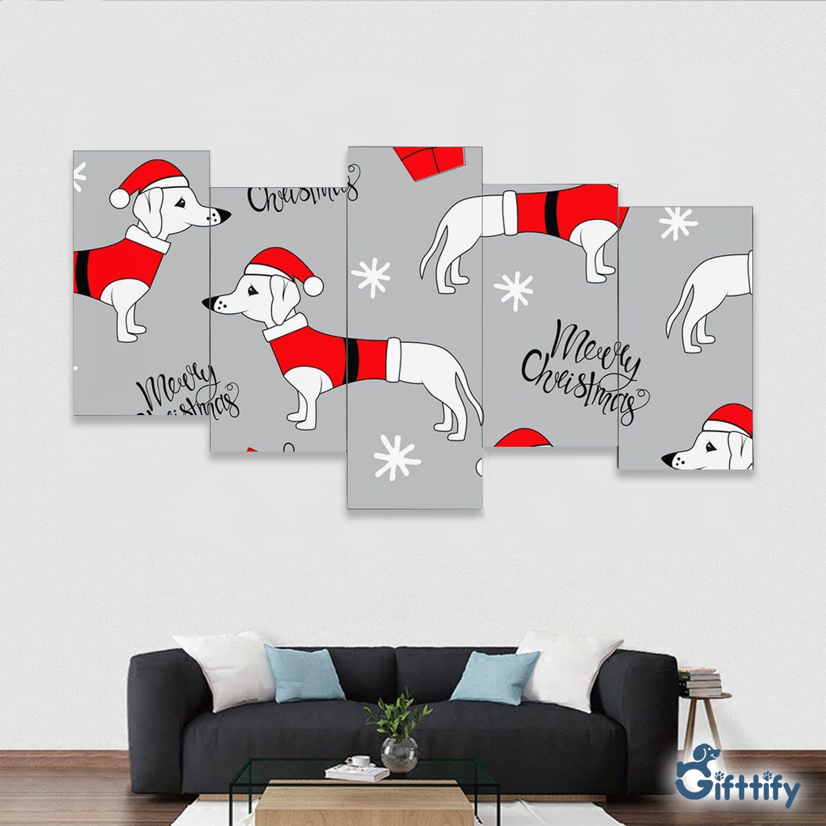 Cute Dachshund Christmas In Santa Clothing And Santa Gift Framed Five-Piece Mural